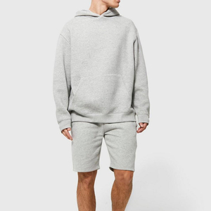 Ensemble de survêtement gris en coton à capuche pour homme, couleur unie, manches longues, coupe ample, short décontracté, respirant, idéal pour le printemps - Product Image 1