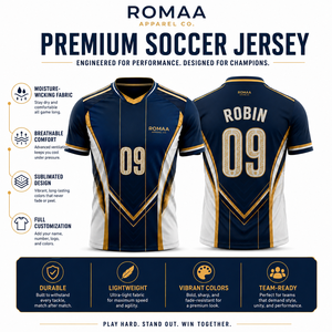 เสื้อฟุตบอลสีน้ำเงินกรมท่า ขาว ทอง แบบสั่งทำพิเศษ คอวี ลายพิมพ์แบบซับลิเมชั่น เสื้อทีมพรีเมียม หมายเลขผู้เล่น OEM - Product Image 4