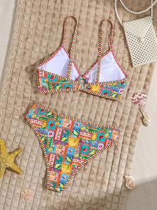 Conjunto de Bikini de 2 Piezas con Estampado Paisley para Mujer, Cuello Bandeau, Cintura Alta, Traje de Baño de Spandex, Estilo Boho, Lentejuelas, Secado Rápido, Logotipo Frontal - Product Image 4