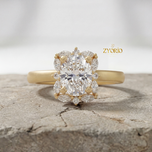 Anillo de Compromiso y Boda con Halo Floral de Diamantes Cultivados en Laboratorio, Corte Ovalado, 1.09 CT, con Piedras Laterales Redondas y Marquise, Plata de Lujo - Product Image 2