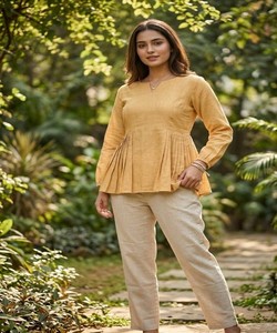 ชุดคุร์ตาผ้าลินินสำหรับผู้หญิง ทรงหลวม สวมใส่สบาย สีเหลืองมัสตาร์ด สไตล์อินเดีย-ปากีสถาน เหมาะสำหรับทุกฤดูกาล รุ่น 85493 LW-9334 - Product Image 1