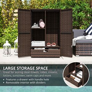 Mobiletto porta asciugamani da piscina in rattan con ripiano rimovibile e cassetto, marrone misto, per esterni - Product Image 4