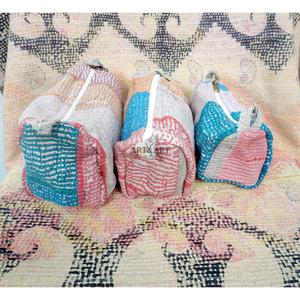 Indian Kantha Hand Block Print Cotton Cosmetic Bag Set with Tassel Zipper Closure Vintage Style-Women's Travel <b>Makeup</b> Pouch bag - Product Image 3