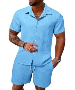 Top deportivo de tendencia de moda de verano para hombre y pantalones cortos de playa traje de Color sólido a rayas Fitness Casual de talla grande de manga corta - Product Image 1
