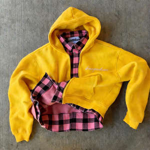 Chaqueta con capucha de franela para hombre, personalizada, vintage, de algodón grueso y felpa, con cremallera, bordada, de corte cropped y holgado, con lavado ácido y patchwork de doble capa - Product Image 2