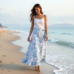 Falda envolvente de algodón puro transpirable ligera y versátil de última moda para niñas fácil en azul blanco bloque estampado de vid - Product Image 2