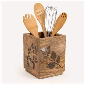 Handcrafted Mango Wood Cutlery Holder With Elegant Metal Leaf Inlay Rustic <b>Kitchen</b> Utensil <b>Caddy</b> & Countertop Organizer For Home - Product Image 2
