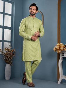 Custom <b>Mens</b> Olive <b>Kurta</b> Pajama Set Mandarin Collar Casual Festive Ethnic Suit Indian Haldi Mehendi Wear <b>Mens</b> Manufacturer - Product Image 1