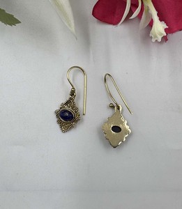 Natural Lapis Lazuli <b>Gold</b> Plated Vintage <b>Earrings</b> Handmade Brass Gemstone <b>Dangle</b> Drop <b>Earrings</b> Designer Jewelry for Women - Product Image 3
