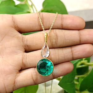 Double stone pendant <b>necklace</b> clear quartz with apatite quartz bezel set pendant 18k gold plated geometric style chain <b>necklace</b> - Product Image 6