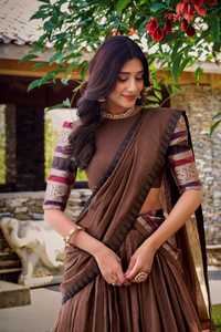 Conjunto de Lehenga Chanderi Marrón Puro con Borde de Tejido Zari, Traje Lehenga Choli para Bodas y Festivales para Mujer - Product Image 4
