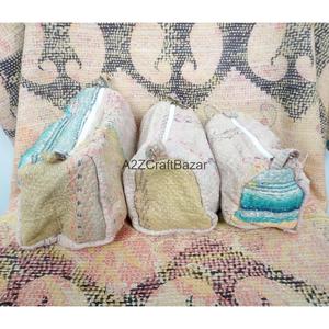 Ensemble de pochettes Kantha artisanales personnalisées, décontractées, faites à la main, matelassées, imprimées à l'écran, avec fermeture éclair à pompons, écologiques, pour cosmétiques - Product Image 3