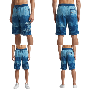 Shorts de bain pour homme Kain, imprimé vagues bleues, taille mi-haute, cordon de serrage, séchage rapide, style décontracté, tissu tissé, avec poches - Product Image 2