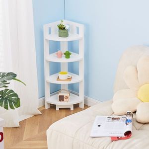 Scaffale Angolare a 4 Ripiani in Legno, Unità di Stoccaggio Multiuso per Spazi Ristretti, Scaffalatura per Casa, Ufficio, Bagno, Mensole da Parete - Product Image 4