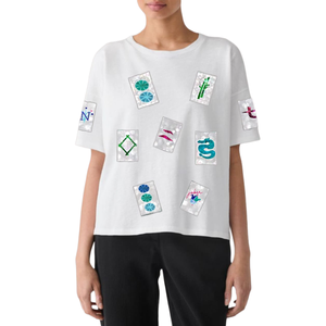 Women's Casual White <b>T</b>-<b>Shirt</b> With Colorful Patchwork Design Short Sleeve Crew Neck Loose Fit 100% Cotton Breathable For Summer - Product Image 1