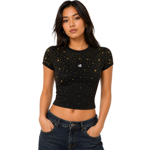 Camiseta corta de mujer con pedrería al por mayor, camiseta de manga corta para mujer, camiseta casual de verano, top sin mangas para mujer, ajuste ceñido, cuello redondo, a la moda - Product Image 5