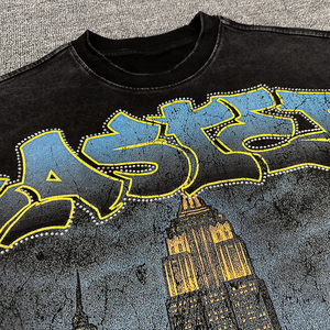 Custom <b>Acid</b> Washed Vintage T Shirt Mens Oversized Streetwear 100 Percent Cotton <b>Drop</b> Shoulder Rhinestone Tee - Product Image 5