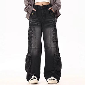 Vaqueros Cargo de Mujer Vintage Personalizados de Cintura Baja y Pierna Ancha, Lavados, de Ajuste Holgado, Transpirables, Estilo Urbano, Pantalones de Mezclilla de Verano - Product Image 3