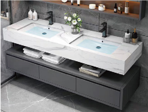 Luxe moderne <span class=keywords><strong>gris</strong></span> <span class=keywords><strong>dessus</strong></span> en marbre tenture murale double évier en bois massif vanité de salle de bain avec miroir intelligent et éclairage LED pour hôtel - Product Image 6