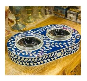 Plateau de service en bois incrusté de résine meilleur nouveau design Artisanat de qualité pour le ramadan Eid Cadeau Bol en verre fait main d'Inde - Product Image 1