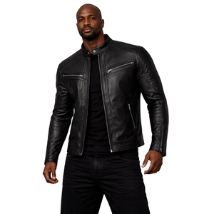 Chaqueta de Cuero de Cordero Negra para Hombre, Cierre Frontal con Cremallera, Cuello Alto, Corte Ajustado, Estilo Motero, Prenda Exterior de Cuero para Uso Diario Informal - Product Image 1