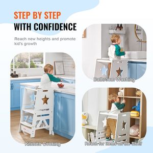 Taburete Tower Step Taburete de aprendizaje de pie de bambú de 3 niveles para niños Altura ajustable 350LBS Taburete de baño de cocina blanco - Product Image 6