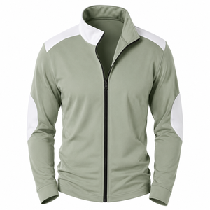 Men's Olive <b>Green</b> Sporty Racer Jacket With White Color Blocking Stand Collar Zipper Closure Quick Dry Polyester Material - Product Image 1