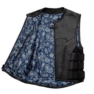 <b>Mens</b> Genuine <b>Leather</b> Motorcycle Biker <b>Vest</b> with Blue Paisley Lining Adjustable Side Straps Utility Pockets and Custom OEM Design - Product Image 2