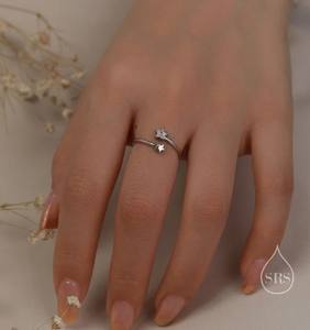 แหวนเปิดรูปดาวคู่ ทำจากเงินสเตอร์ลิง แหวนดาวปรับขนาดได้ เครื่องประดับรูปดาว - Product Image 5