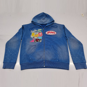Sweat à capuche zippé personnalisé 100% coton molleton French Terry brodé streetwear avec strass, effet vintage délavé soleil et délavé à l'acide - Product Image 1