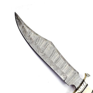 Couteau Bowie artisanal en acier Damas de qualité industrielle, manche en os de chameau, étui en cuir fin, couteau de camping en plein air - Product Image 3