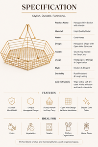 SAFA INTERNATIONAL <b>Gold</b> Wire <b>Storage</b> <b>Basket</b> Polygon Shape Handles Minimalist Design Stainless Steel Mesh Single Tier - Product Image 3