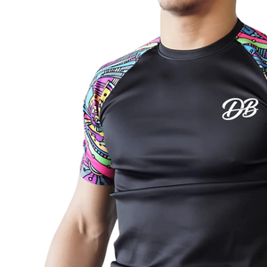 Camiseta de Compresión Negra Personalizada para Hombre, Estampado Paisley Multicolor, Mangas Cortas Raglán, Cuello Redondo, Ajustada, para Gimnasio, Entrenamiento, Protección contra Rozaduras, Ropa Deportiva - Product Image 3
