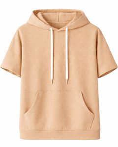 Haut à capuche beige à manches courtes pour homme, pull décontracté, t-shirt léger d'été, streetwear en mélange de coton avec poche kangourou - Product Image 1