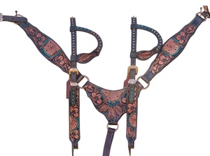 Conjunto completo de cuero genuino ligero marrón turquesa tachuela de caballo estacional inglés sillín equipo de equitación que incluye - Product Image 4
