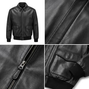 Blouson aviateur en cuir véritable pour homme, col rabattu, fermeture éclair, couleur unie, style motard, vêtement d'automne - Product Image 5