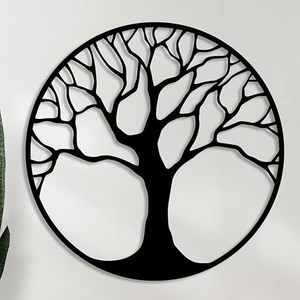 Arte de Pared de Metal con Diseño de Árbol de la Vida, Decoración de Pared Redonda Negra Moderna para Sala de Estar, Dormitorio u Oficina - Product Image 1
