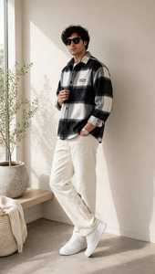 Camisa de Franela a Cuadros Blanca y Negra para Hombre, Manga Larga, Casual, con Botones y Cuello Camisero - Product Image 4