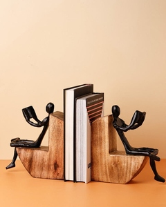 Modern design <b>cast</b> aluminum and Wooden Human Figurine Bookends Set Decorative Reading Man Book Holder customization available Mo - Product Image 2