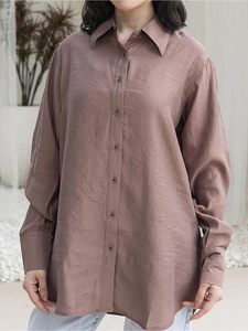 Chemisier à manches longues en popeline 100 % coton marron, coupe ample, design simple, boutonné, avec logo frontal, pour femme, décontracté, idéal pour le bureau - Product Image 4
