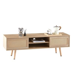 55.12 \ "mobile soggiorno in legno massello Console TV regolabile con doppie porte scorrevoli e rifiniture in Rattan - Product Image 2
