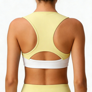 Women's Contrast Binding Racerback Sports <b>Bra</b> White <b>Yellow</b> Square Neck Medium Support Yoga Seamless Spandex Polyester - Product Image 2