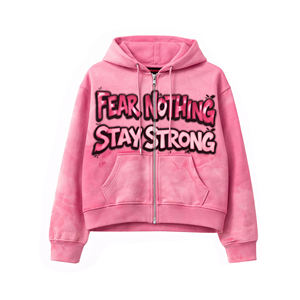 Sudadera con capucha oversize para hombre, personalizada, con efecto desgastado, lavado ácido, cremallera rosa, bordada, con efecto descolorido por el sol, estilo streetwear vintage, corta, con impresión DTG y serigrafía - Product Image 1