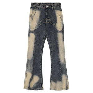 <b>Men's</b> Vintage Bleach Wash Denim <b>Flare</b> <b>Jeans</b> Color Block Mid Waist Regular Fit Pants <b>Men's</b> Distressed Ripped Denim <b>Jeans</b> Loose - Product Image 1
