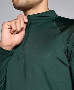 Haut de yoga pour femme vert foncé, coupe ajustée, demi-zip, anti-transpiration, respirant, séchage rapide, anti-boulochage, en Spandex/Polyester, couleur unie - Product Image 4
