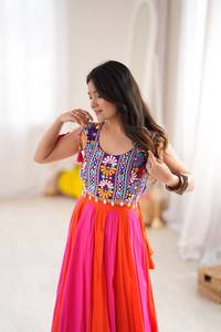 <b>Women</b> Ethnic Floor-Length Rayon <b>Lehenga</b> Set Embroidered Mirror Work Blouse Wrinkle-Free Pink Orange Gota Patti Work Party Wear - Product Image 3