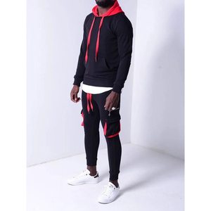 Survêtement imprimé respirant à capuche pour homme, noir et rouge contrastant, manches longues, coupe classique, streetwear, tenue d'automne, fermeture à cordon - Product Image 2