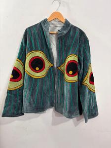 เสื้อแจ็คเก็ตกำมะหยี่ซูซานีแห้งเร็วเป็นมิตรกับสิ่งแวดล้อม งานฝีมืออินเดีย ลายพิมพ์จาไพรบล็อกพิร์ตอาร์ต เหมาะสำหรับเทศกาล งานรื่นเริง สไตล์วินเทจสุดหรู - Product Image 1