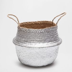 Luxury Silver Metallic Seagrass Belly Basket Handmade Woven Rattan Storage <b>Bin</b> with Handles Decorative Boho Planter Basket - Product Image 2
