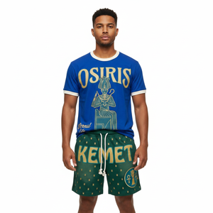 Conjunto de Camiseta y Pantalones Cortos con Temática Egipcia Kemet, Azul Verde, Algodón, Ropa Casual de Verano, Unisex para Adultos, Manga Corta, Pantalones con Cordón - Product Image 2